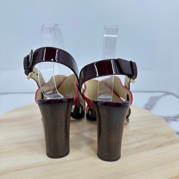 JIMMY CHOO Platform Sandal AIX 125 Red Leather Wood Heels Gold Patent Size 40 - Picture 4 of 12